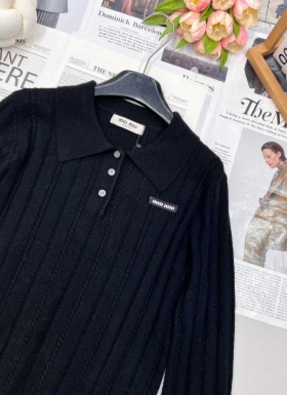 🖤Miu Miu Black Ribbed‑Knit Polo Collar Long‑Sleeve Sweater - Picture 4 of 8